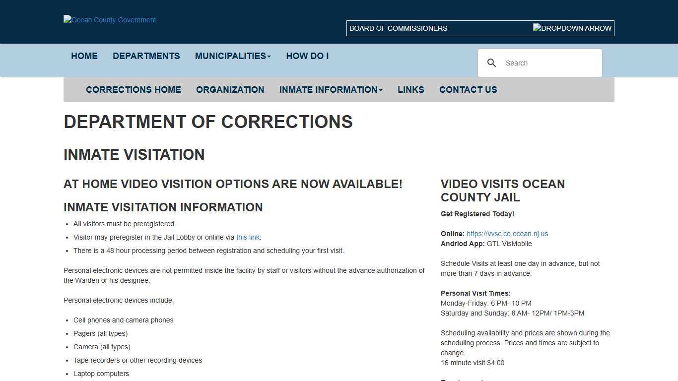 Inmate Visitation Ocean County Government
